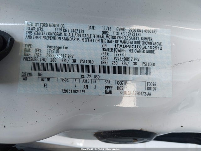 46068715 :رقم المزاد ، 1FADP5CUXGL102512 vin ، 2016 Ford C-max Energi Sel مزاد بيع