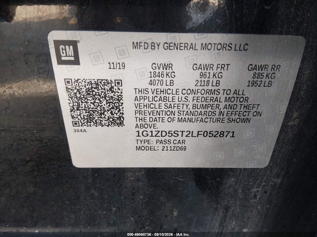 2020 Chevrolet Malibu Fwd Lt მანქანა იყიდება აუქციონზე, vin: 1G1ZD5ST2LF052871, აუქციონის ნომერი: 46068736