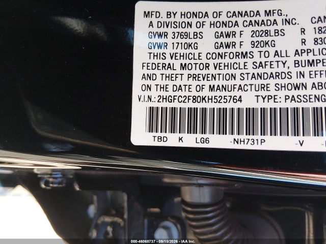 46068737 :رقم المزاد ، 2HGFC2F80KH525764 vin ، 2019 Honda Civic Sport مزاد بيع