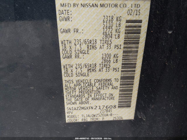 46068743 :رقم المزاد ، 5N1AZ2MGXFN217608 vin ، 2015 Nissan Murano Sv مزاد بيع