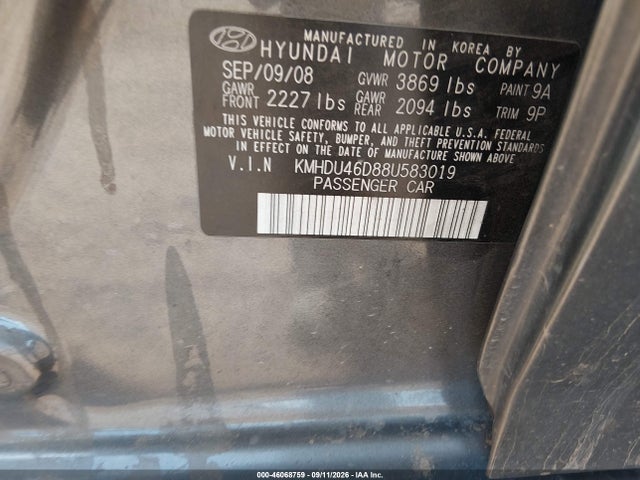 Aukcja sprzedaży 2008 Hyundai Elantra Gls/se, vin: KMHDU46D88U583019, numer aukcji: 46068759