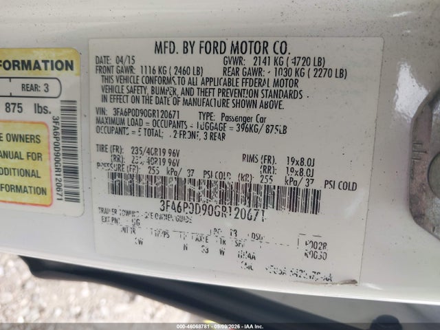 Aukcja sprzedaży 2016 Ford Fusion Titanium, vin: 3FA6P0D90GR120671, numer aukcji: 46068781