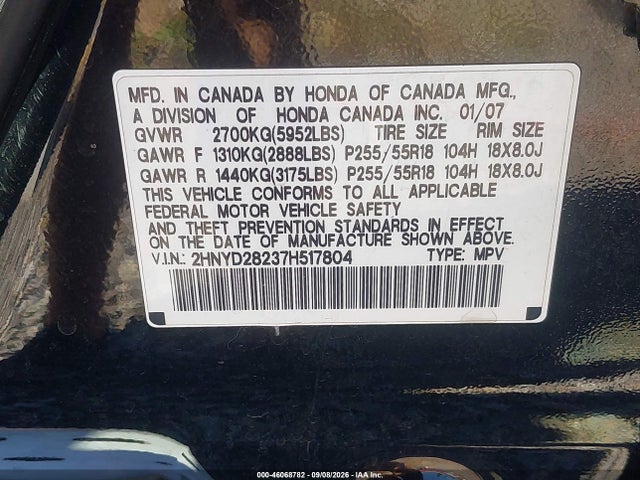46068782 :رقم المزاد ، 2HNYD28237H517804 vin ، 2007 Acura Mdx مزاد بيع