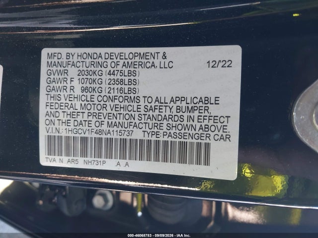 Aukcja sprzedaży 2022 Honda Accord Sport Special Edition, vin: 1HGCV1F48NA115737, numer aukcji: 46068783