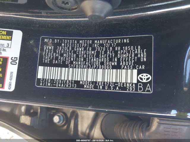 Aukcja sprzedaży 2018 Toyota Corolla Le, vin: 5YFBURHE3JP789060, numer aukcji: 46068797