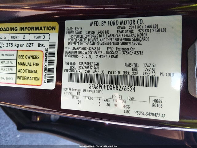 Ford FUSION SE 2017 3FA6P0HDXHR276524 Image 9