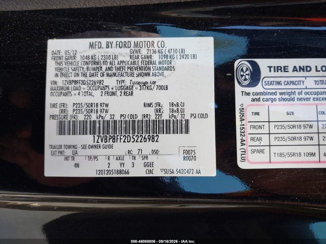 2013 Ford Mustang Gt Premium მანქანა იყიდება აუქციონზე, vin: 1ZVBP8FF2D5226982, აუქციონის ნომერი: 46068806