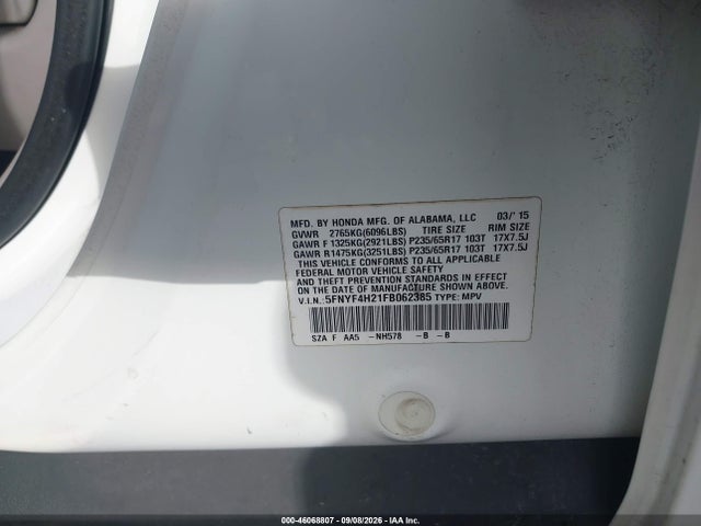 46068807 :رقم المزاد ، 5FNYF4H21FB062385 vin ، 2015 Honda Pilot Lx مزاد بيع