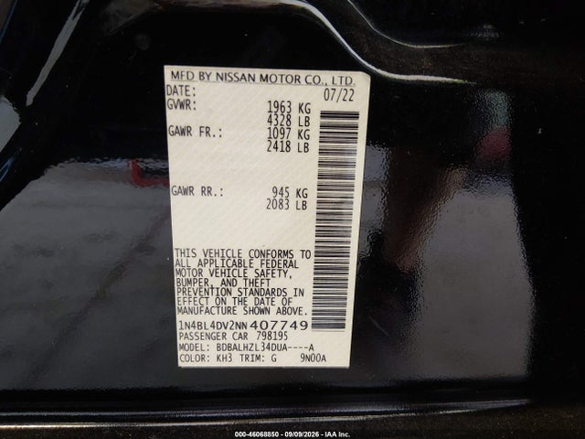 2022 Nissan Altima Sv Fwd მანქანა იყიდება აუქციონზე, vin: 1N4BL4DV2NN407749, აუქციონის ნომერი: 46068850