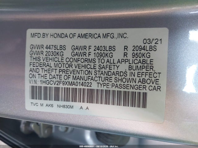 Продаж на аукціоні авто 2021 Honda Accord Touring, vin: 1HGCV2F9XMA014022, номер лоту: 46068851
