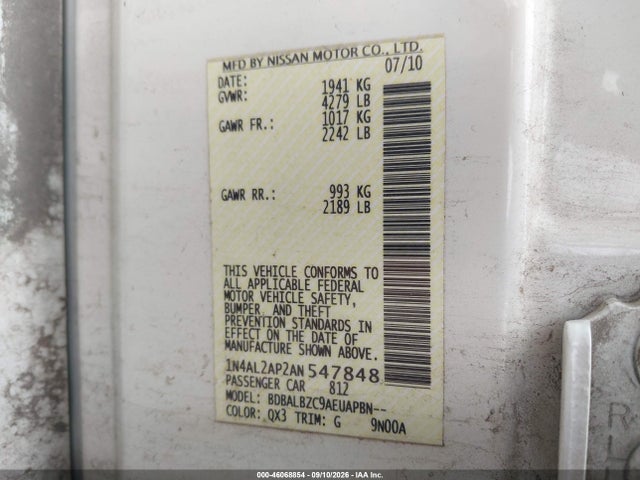 Aukcja sprzedaży 2010 Nissan Altima 2.5 S, vin: 1N4AL2AP2AN547848, numer aukcji: 46068854