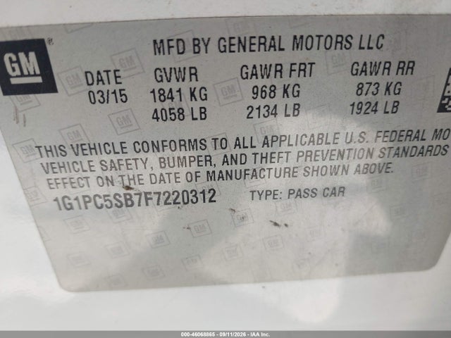 1G1PC5SB7F7220312 Chevrolet Cruze 1lt Auto