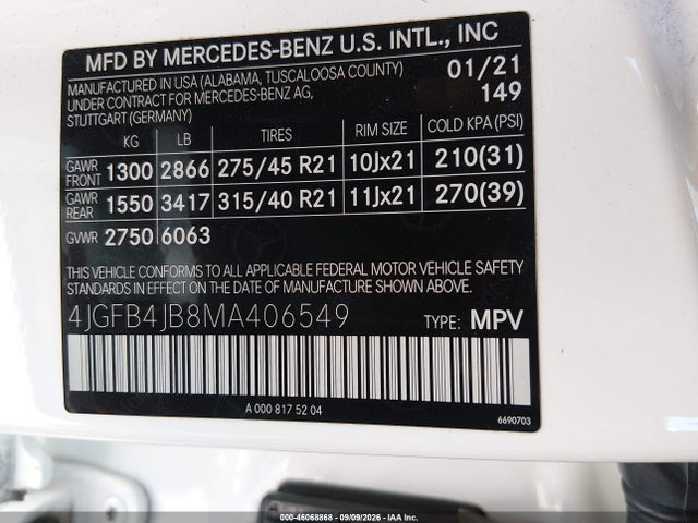 4JGFB4JB8MA406549 Mercedes-Benz GLE 350