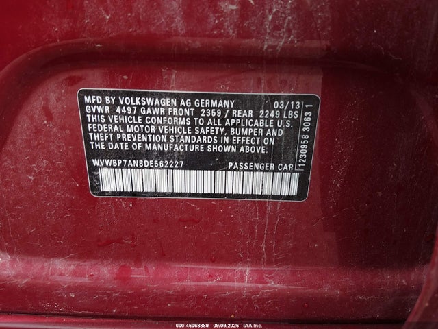 46068889 :رقم المزاد ، WVWBP7AN8DE562227 vin ، 2013 Volkswagen Cc 2.0t Sport مزاد بيع