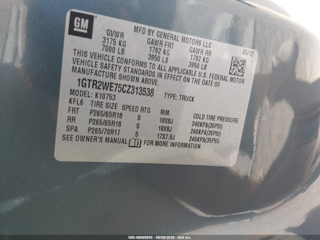 2012 Gmc Sierra 1500 Slt მანქანა იყიდება აუქციონზე, vin: 1GTR2WE75CZ313538, აუქციონის ნომერი: 46068900