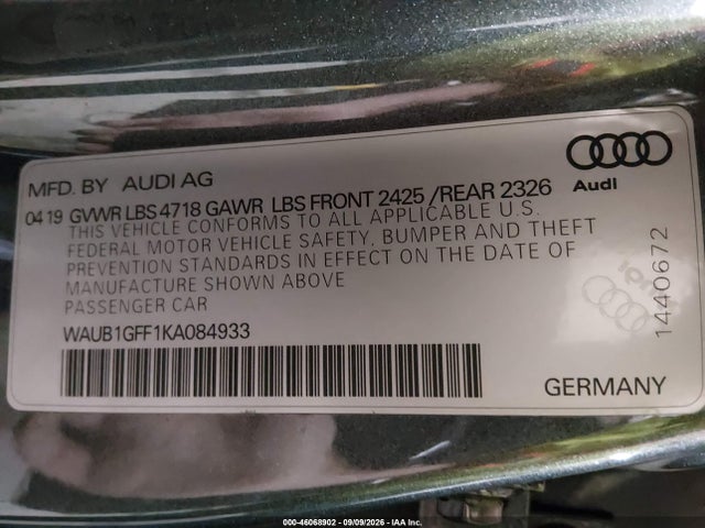 Продаж на аукціоні авто 2019 Audi S3 2.0t Premium Plus, vin: WAUB1GFF1KA084933, номер лоту: 46068902