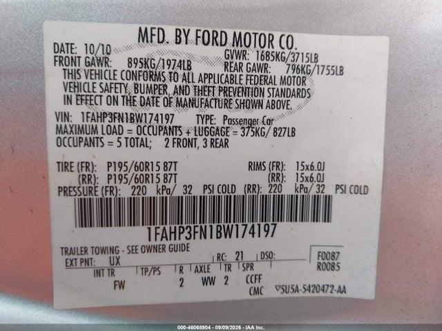 2011 Ford Focus Se მანქანა იყიდება აუქციონზე, vin: 1FAHP3FN1BW174197, აუქციონის ნომერი: 46068904