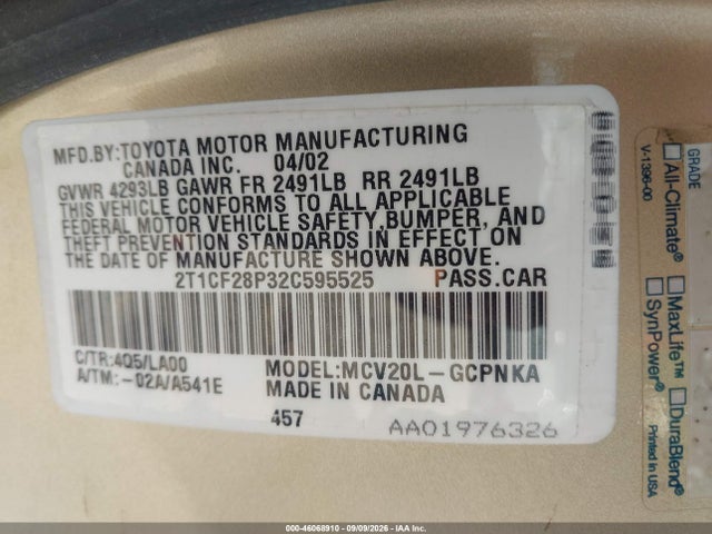 46068910 :رقم المزاد ، 2T1CF28P32C595525 vin ، 2002 Toyota Camry Solara Sle V6 مزاد بيع