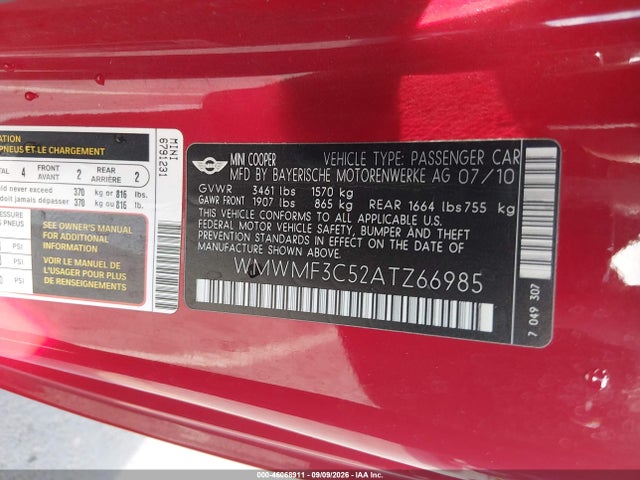 Aukcja sprzedaży 2010 Mini Cooper, vin: WMWMF3C52ATZ66985, numer aukcji: 46068911