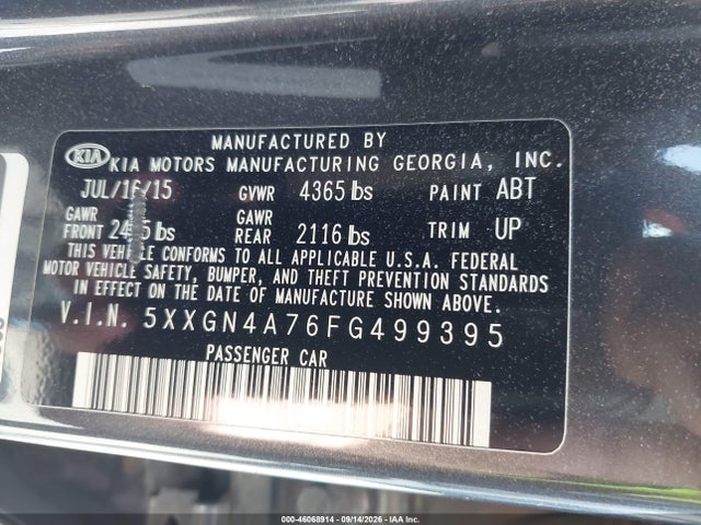 2015 Kia Optima Ex მანქანა იყიდება აუქციონზე, vin: 5XXGN4A76FG499395, აუქციონის ნომერი: 46068914