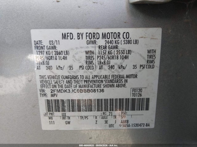 2011 Ford Edge Sel მანქანა იყიდება აუქციონზე, vin: 2FMDK3JC0BBB08136, აუქციონის ნომერი: 46068925