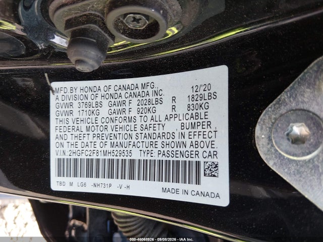 Продажа на аукционе авто 2021 Honda Civic Sport, vin: 2HGFC2F81MH529535, номер лота: 46068926