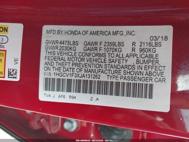2018 Honda Accord Sport მანქანა იყიდება აუქციონზე, vin: 1HGCV1F3XJA131262, აუქციონის ნომერი: 46068930