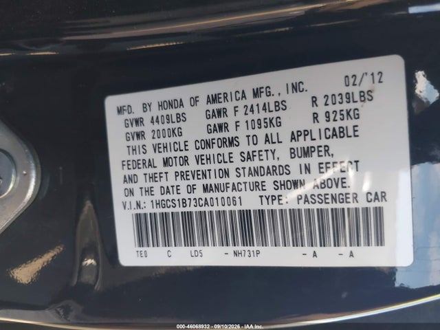Продажа на аукционе авто 2012 Honda Accord 2.4 Ex, vin: 1HGCS1B73CA010061, номер лота: 46068932