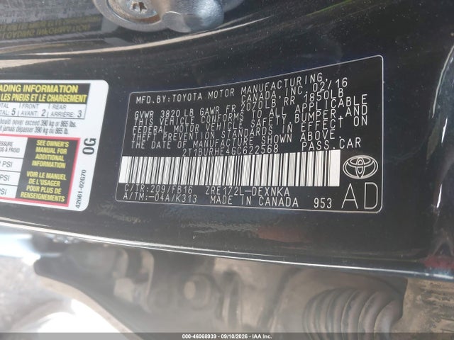 46068939 :رقم المزاد ، 2T1BURHE4GC622568 vin ، 2016 Toyota Corolla Le مزاد بيع