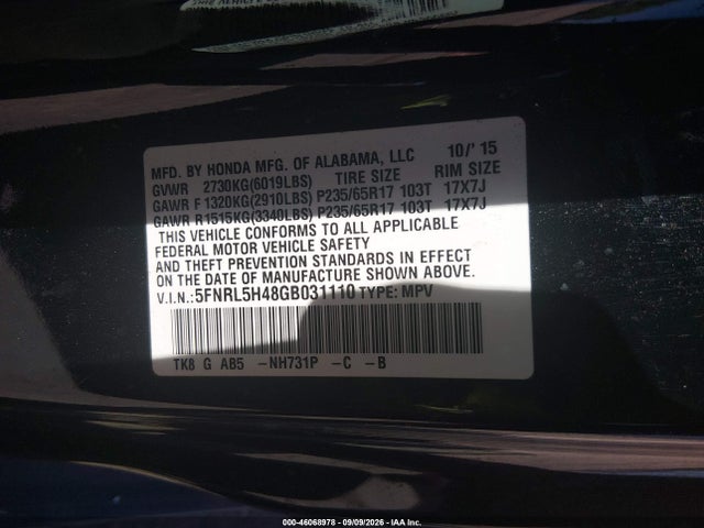Aukcja sprzedaży 2016 Honda Odyssey Ex, vin: 5FNRL5H48GB031110, numer aukcji: 46068978