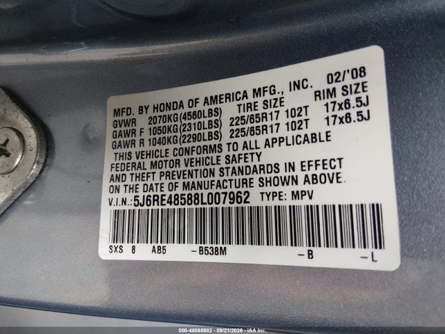 2008 Honda Cr-v Ex მანქანა იყიდება აუქციონზე, vin: 5J6RE48588L007962, აუქციონის ნომერი: 46068982