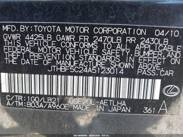 Продажа на аукционе авто 2010 Lexus Is 250, vin: JTHBF5C24A5123014, номер лота: 46068994