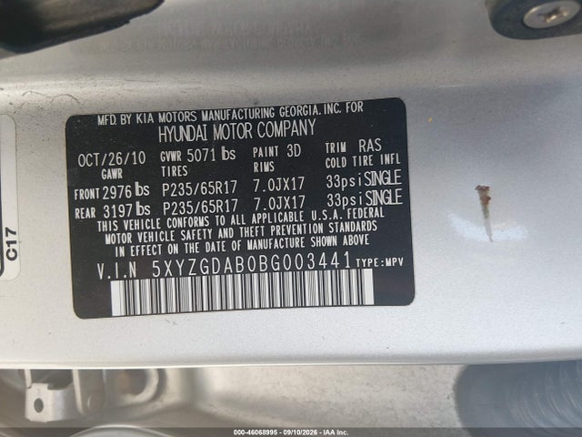 46068995 :رقم المزاد ، 5XYZGDAB0BG003441 vin ، 2011 Hyundai Santa Fe Gls مزاد بيع