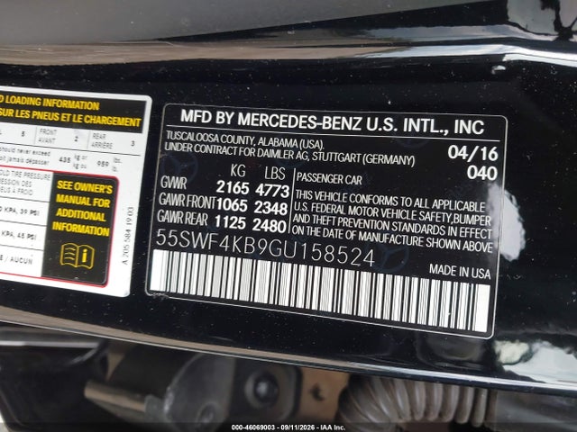 46069003 :رقم المزاد ، 55SWF4KB9GU158524 vin ، 2016 Mercedes-benz C 300 Sport 4matic مزاد بيع