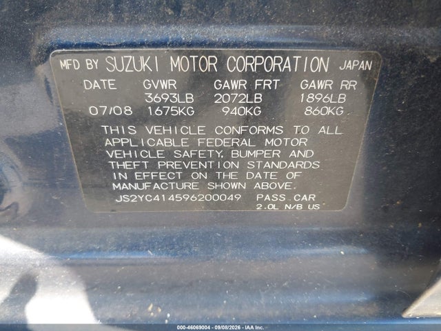 46069004 :رقم المزاد ، JS2YC414596200049 vin ، 2009 Suzuki Sx4 Sport/sport Technology مزاد بيع