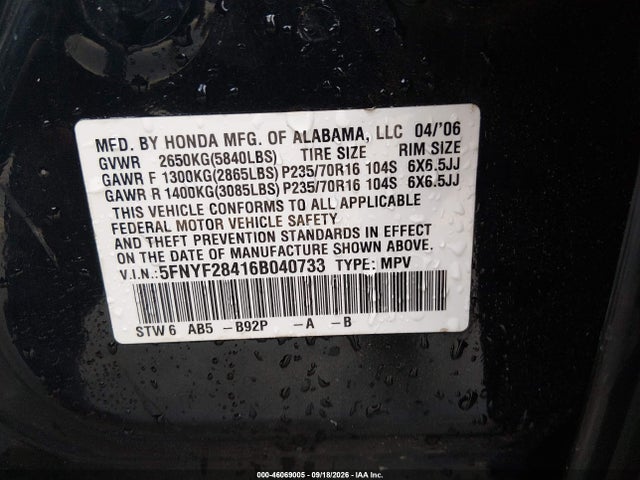 46069005 :رقم المزاد ، 5FNYF28416B040733 vin ، 2006 Honda Pilot Ex مزاد بيع