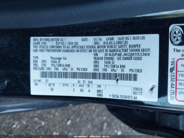 2016 Ford Fiesta Se მანქანა იყიდება აუქციონზე, vin: 3FADP4EJ6GM153369, აუქციონის ნომერი: 46069007