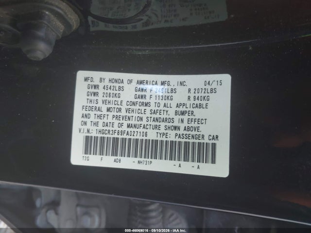 Продаж на аукціоні авто 2015 Honda Accord Ex-l V-6, vin: 1HGCR3F89FA027106, номер лоту: 46069016