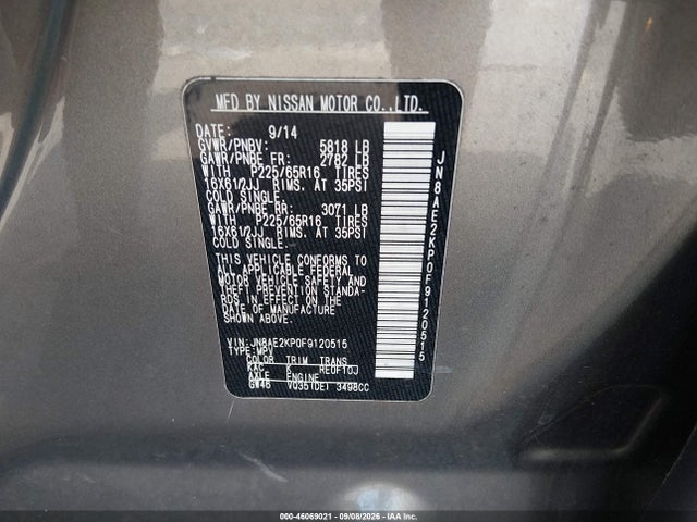 Продаж на аукціоні авто 2015 Nissan Quest S, vin: JN8AE2KP0F9120515, номер лоту: 46069021