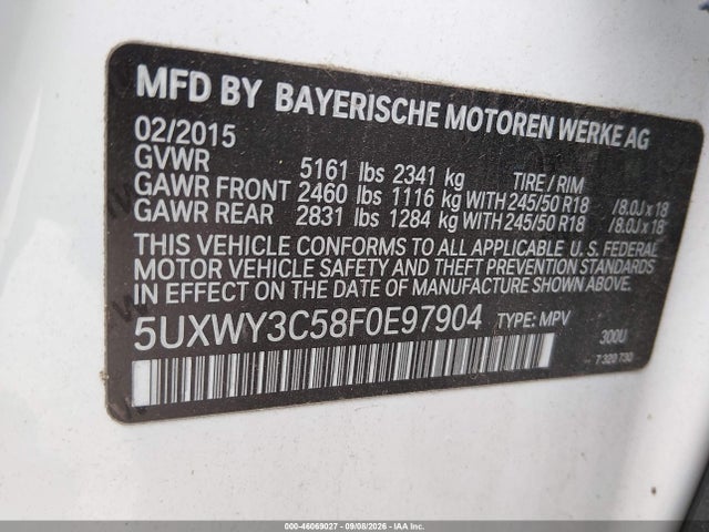 46069027 :رقم المزاد ، 5UXWY3C58F0E97904 vin ، 2015 Bmw X3 Xdrive28d مزاد بيع