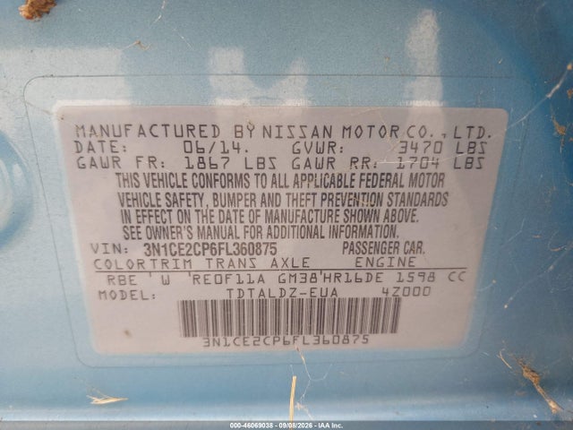 3N1CE2CP6FL360875 Nissan Versa Note S (sr)/s Plus/sl/sr/sv