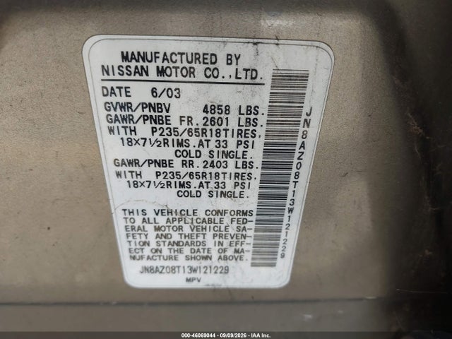 Продажа на аукционе авто 2003 Nissan Murano Sl, vin: JN8AZ08T13W121229, номер лота: 46069044