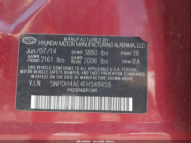 2015 Hyundai Elantra Se მანქანა იყიდება აუქციონზე, vin: 5NPDH4AE4FH548459, აუქციონის ნომერი: 46069067