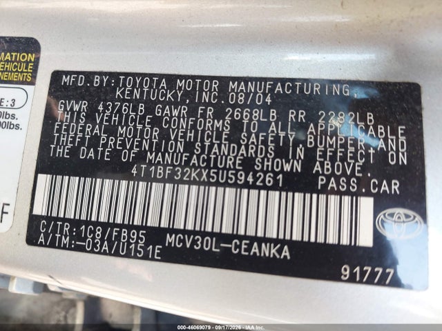 46069079 :رقم المزاد ، 4T1BF32KX5U594261 vin ، 2005 Toyota Camry Le V6 مزاد بيع