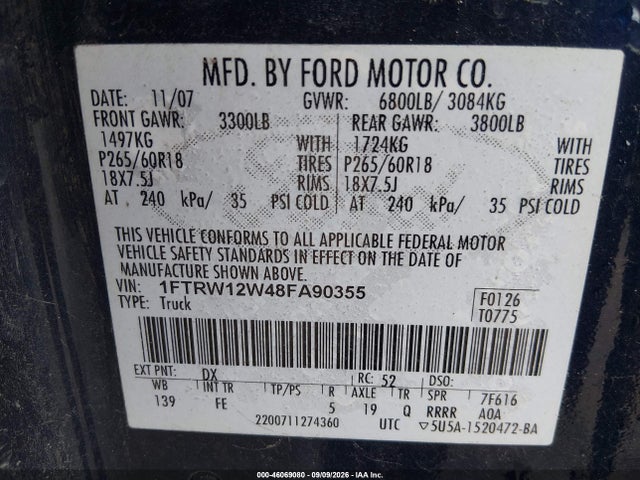 Продаж на аукціоні авто 2008 Ford F-150, vin: 1FTRW12W48FA90355, номер лоту: 46069080