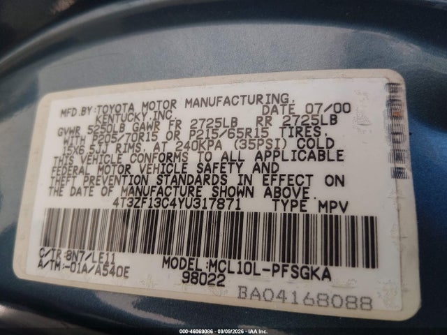 Продаж на аукціоні авто 2000 Toyota Sienna Xle, vin: 4T3ZF13C4YU317871, номер лоту: 46069086