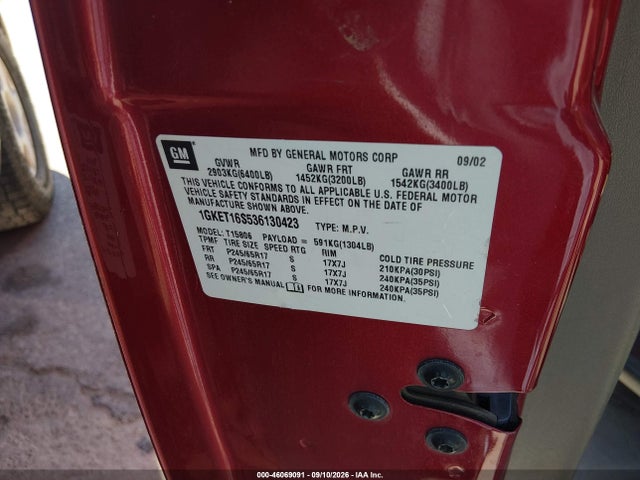 46069091 :رقم المزاد ، 1GKET16S536130423 vin ، 2003 Gmc Envoy Xl Slt مزاد بيع