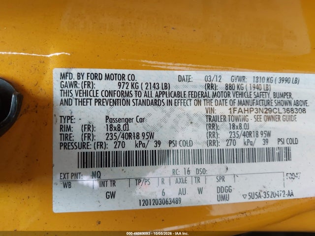 Продажа на аукционе авто 2012 Ford Focus Titanium, vin: 1FAHP3N29CL368308, номер лота: 46069093