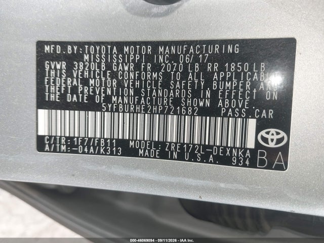 Aukcja sprzedaży 2017 Toyota Corolla Le, vin: 5YFBURHE2HP721682, numer aukcji: 46069094