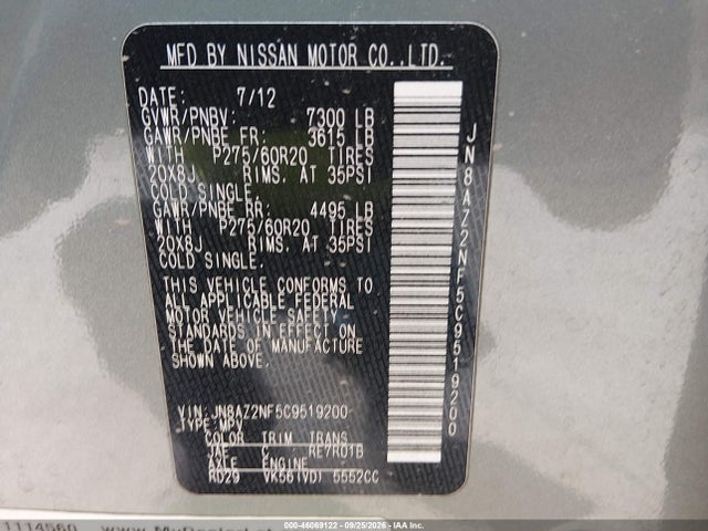 Продаж на аукціоні авто 2012 Infiniti Qx56, vin: JN8AZ2NF5C9519200, номер лоту: 46069122